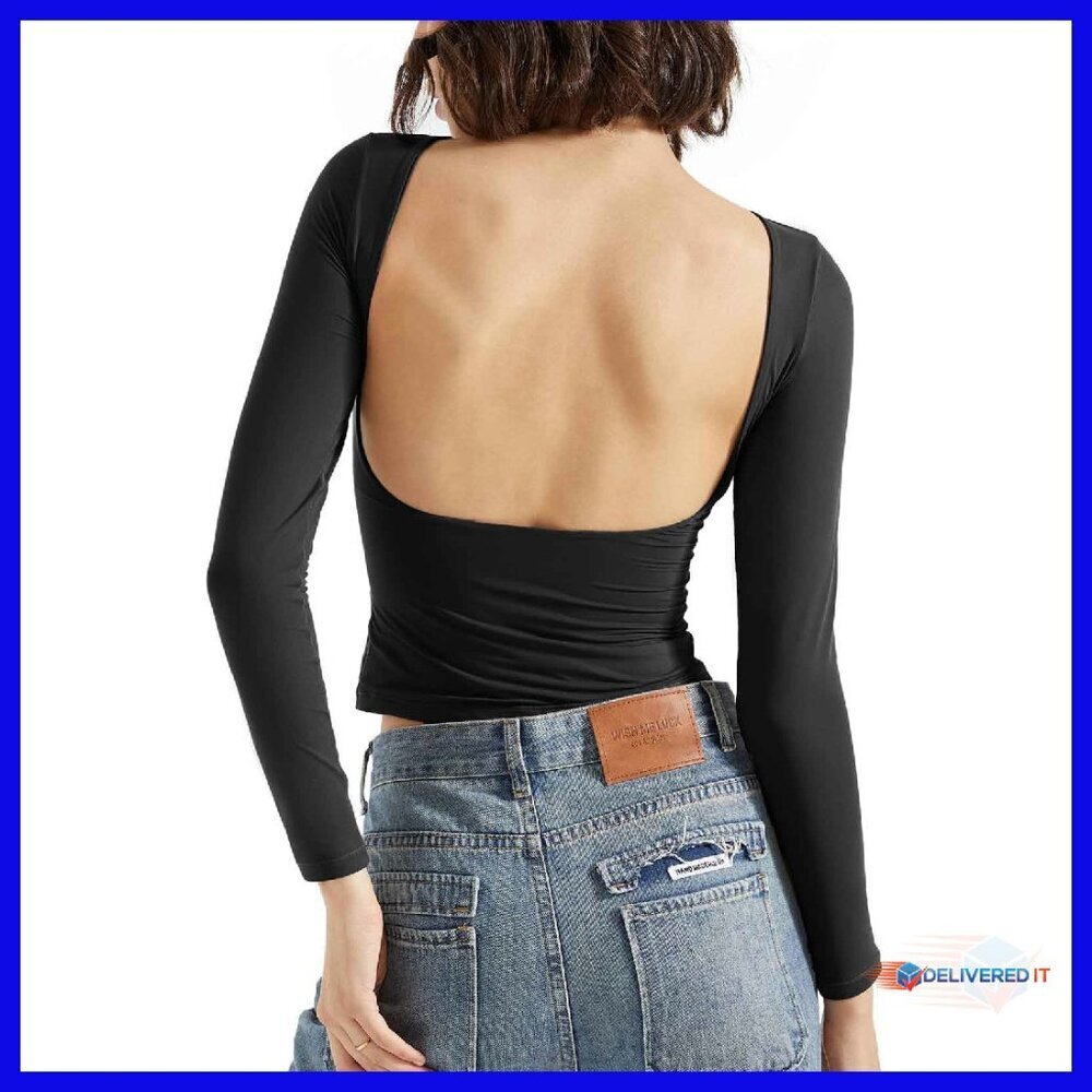 Long Sleeve Backless Crop Top Double Lined Buttery Soft Y2K Going Out